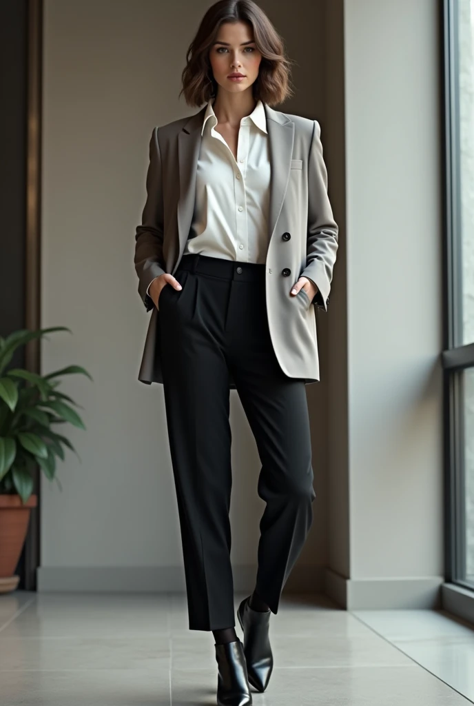  Create an outfit image with a white shirt, black pants and ashen suit 