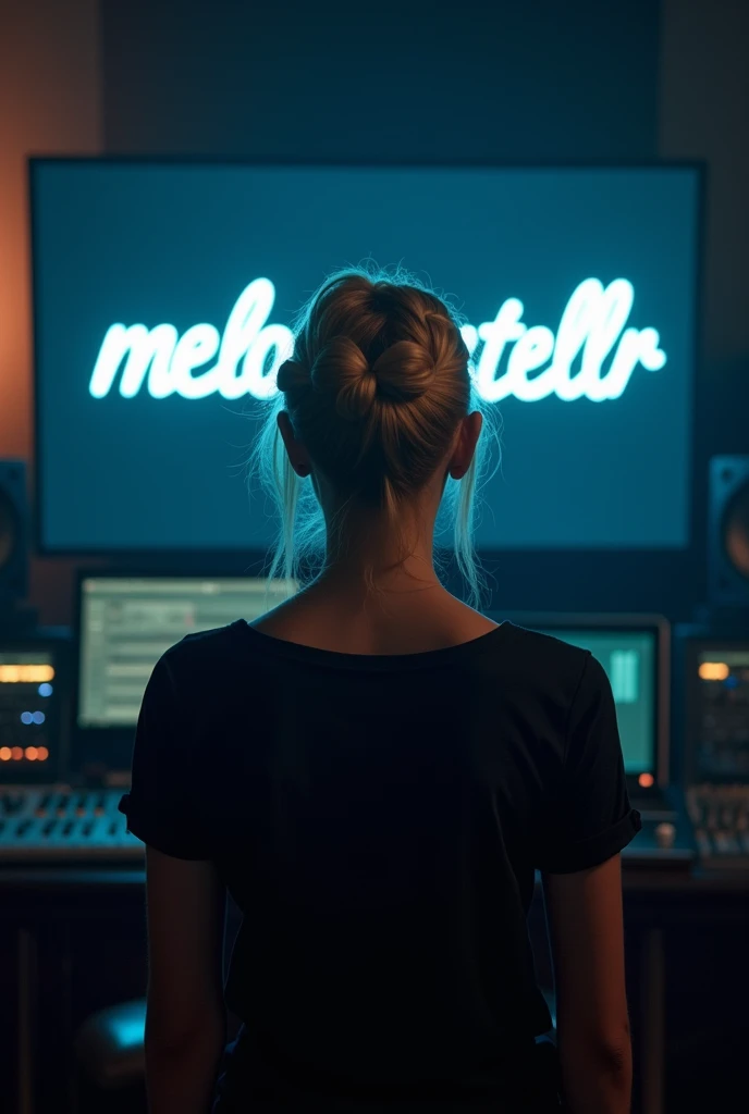 Blonde French girl, hair wrapped in blonde  , recording studio, very dark lighting, big screen written without errors "melody Stellar "