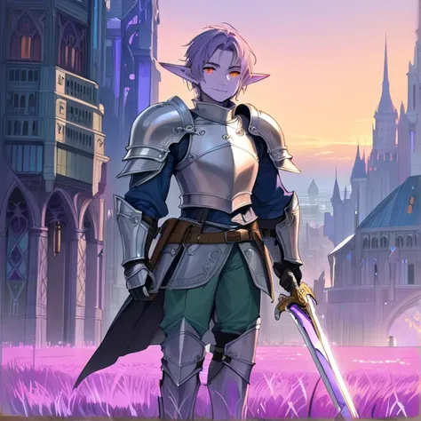 Masterpiece, HD, high quality, best quality, high resolution. Epic high fantasy genre, fantasy artwork. 
{{(A 700-years-old male-elf-warrior:(appearance: light-purple-skin. Very-dark-purple short-messy-hair. Beautiful orange-colored-eyes. Pointy-ears. Hand...