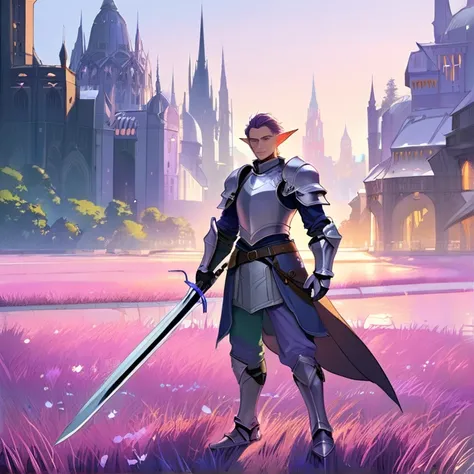 Masterpiece, HD, high quality, best quality, high resolution. Epic high fantasy genre, fantasy artwork. 
{{(A 700-years-old male-elf-warrior:(appearance: light-purple-skin. Very-dark-purple short-messy-hair. Beautiful orange-colored-eyes. Pointy-ears. Hand...