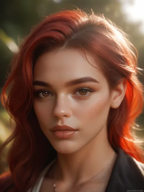 Close-up portrait of a Colombian woman with dark brown eyes, straight red hair, and well-defined lips. Studio light, Canon EOS 5D Mark IV, portrait lens, Rule of Thirds composition for a natural and realistic look.