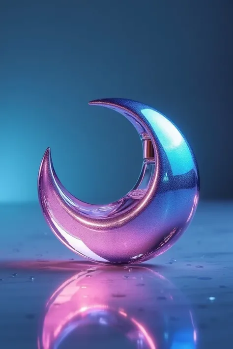 I want you to design a moon-shaped perfume bottle in blue and pink metallic 