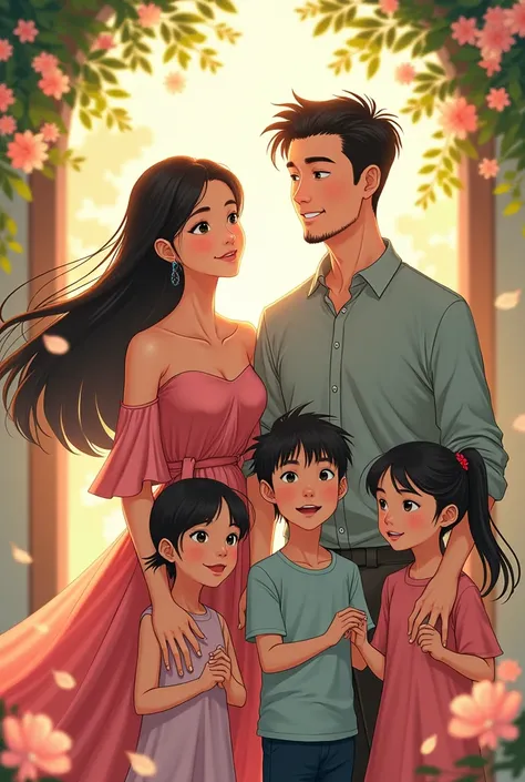 Asian couple with four ren 2 older daughters and two sons in anime style