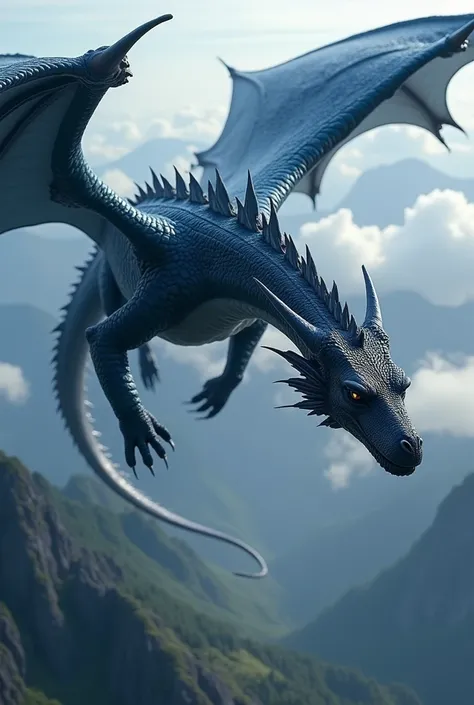 Huge dark blue flying dragon,  bigger than a mountain  