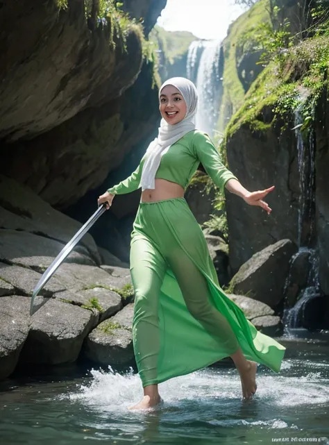 Cute malay girl in hijab wearing bright green wet baju kurung running pose, running fast flying and floating above the water, lean body forward, hands clenched into fists, holding a big shiny sword, big smile, laughing, happy, big front teeth, wearing hija...