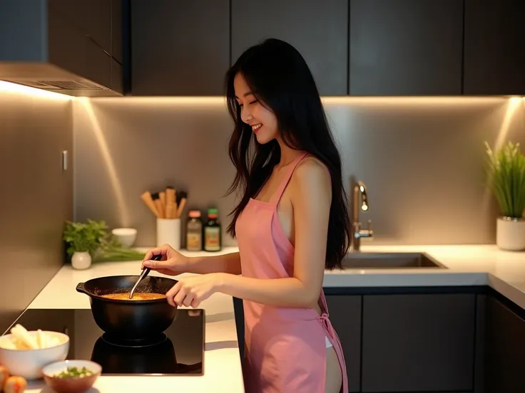 

Prompt : View from side, full body, A young and beautiful Asian woman with long, flowing black hair is cooking in a modern, well-lit kitchen. She is wearing a tiny pink apron, no underwear, smiling warmly as she stirs a pot of miso soup on the stovetop. ...