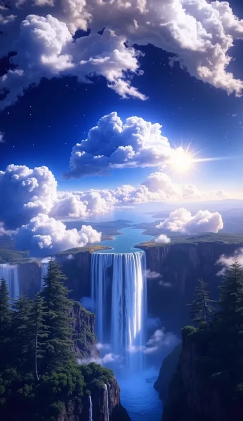 A majestic waterfall flows down the cliff 、 where white clouds and stars shine in a mysterious blue sky 。 A vast lake spreads out under the lush green cliff 、 a landscape that looks like heaven 。 high image quality、wallpaper、 fantasy、 landscape painting、 D...