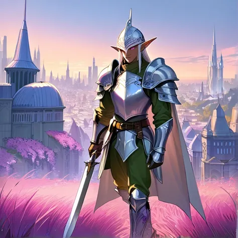 Masterpiece, HD, high quality, best quality, high resolution. Epic high fantasy genre, fantasy artwork. 
{{(A 700-years-old male-elf-warrior:(appearance: light-purple-skin. Head-armored-with-elvish-helmet. Beautiful orange-colored-eyes. Pointy-ears. Handso...