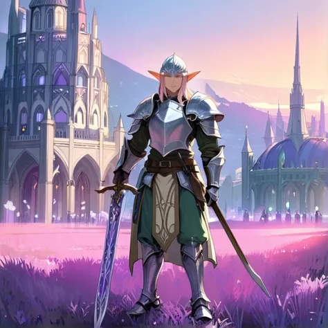 Masterpiece, HD, high quality, best quality, high resolution. Epic high fantasy genre, fantasy artwork. 
{{(A 700-years-old male-elf-warrior:(appearance: light-purple-skin. Head-armored-with-elvish-helmet. Beautiful orange-colored-eyes. Pointy-ears. Handso...