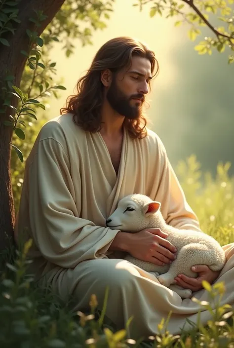 Image of the human Jesus , Sitting next to a Lamb