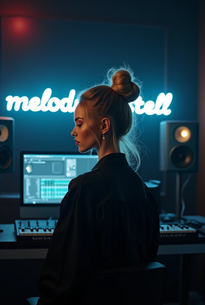 Blonde French girl, hair wrapped in blonde  , recording studio, very dark lighting, big screen written without errors "melody Stellar "