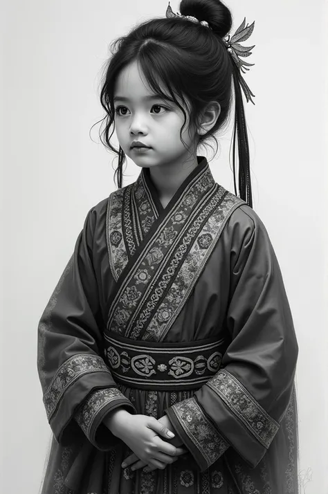 A black and white painting of a girl dressed in ethnic costumes