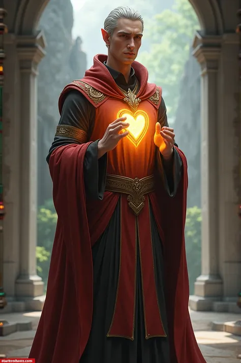 Create a 3D image of a half elf and he is a clergyman of D & D who has a glowing heart on his chest and shows his whole body 