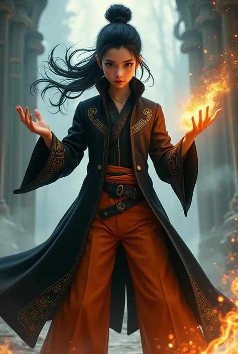 A young wizard with black hair high bun orange pants 23 year old black coat