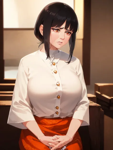 RAW photo, photorealistic, portrait photography, shiny skin, japanese idol, black hair, medium length hair with bangs, orange eyes, (60-year-old grandmother:2), (wearing a white blouse),(angry), alone,The background is inside the cafe at night,cowboy shot