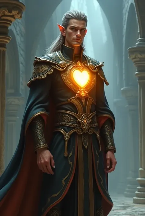 Create a 3D image of a half elf and he is a clergyman of D & D who has a glowing heart on his chest and shows his whole body 