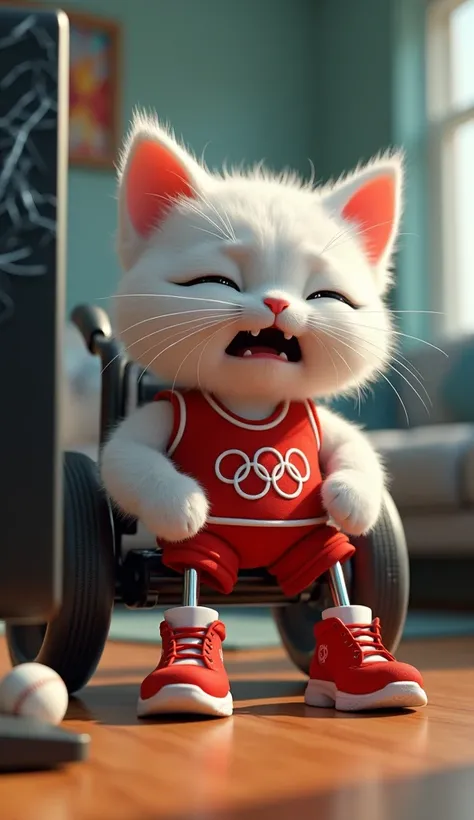 In cinematic 3D style, HD image, realistic image ,colourful image.
Character, teenage white cat Both legs are made of steel rods and red sports shoes wearing red sports vest and red sports short white side stripes,5 mark ring Olympic games.
Action,Inside a...