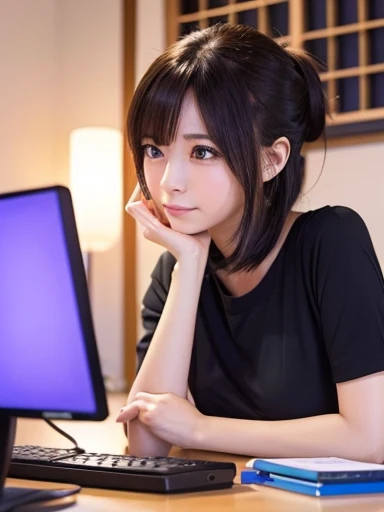  Japanese anime 、 cute、Cute、cute、Anime Heroine、Anime Women、A woman is thinking about a sentence、 facing computer、