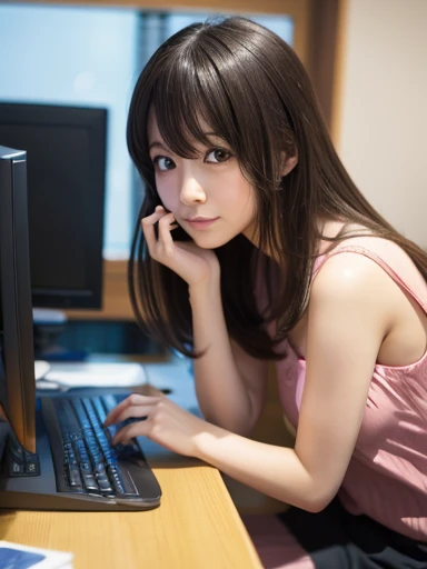  Japanese anime 、 cute、Cute、cute、Anime Heroine、Anime Women、A woman is thinking about a sentence、 facing computer、