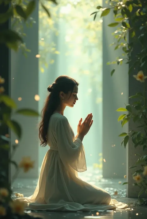 woman praying,  background bars related to nature