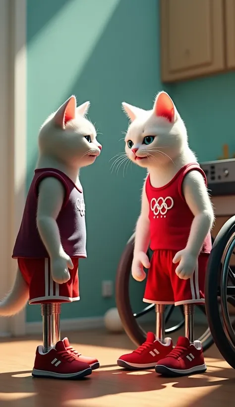 In cinematic 3D style, HD image, realistic image ,colourful image.
Character, teenage white cat Both legs are made of steel rods and red sports shoes wearing red sports vest and red sports short white side stripes,5 mark ring Olympic games.
Action,Inside a...