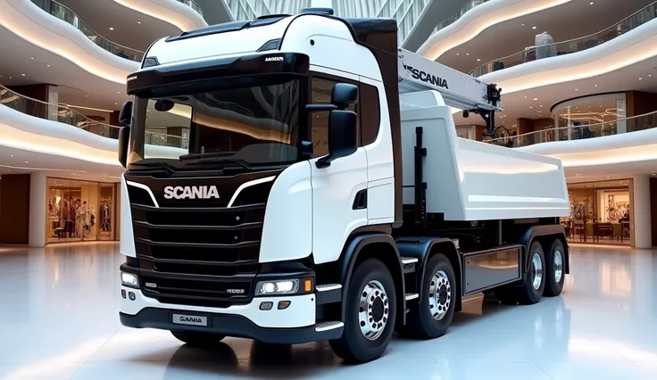 A photo of a modified 2025 Scania Mobile Crane  with a sleek, full design. Side view, The Truck Crane is White and has a black roof. The 2025 Scania Mobile logo is displayed on the black grille. The Truck crane is parked on a white surface. The background ...