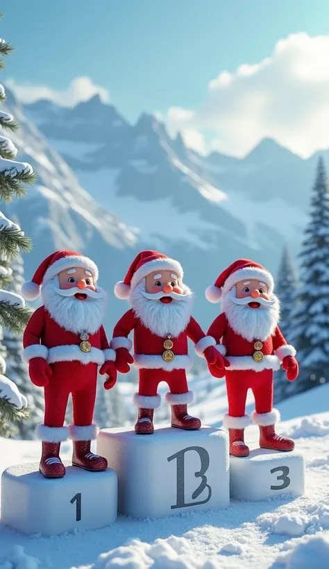 (  Masterpiece :1.2),  top quality, A lot of Santa Clauses starting all at once in a cold snowy mountain ,  Santa Claus triathlon ,  Santa Claus with a happy expression, Stand on the podium１Bit２Bit３Bitの３Human Santa Claus,  photo realistic, hyper realistic,...