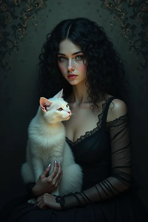 Black Curly haired woman with a white cat in dark themed wallpaper 