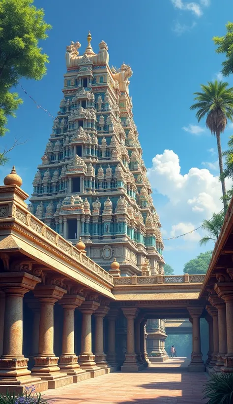 A detailed and intricate artistic depiction of the Rameswaram Temple in India, featuring its iconic tall gopurams (towering entrance structures) adorned with colorful carvings of gods and deities, surrounded by a serene and lush environment. The temples lo...