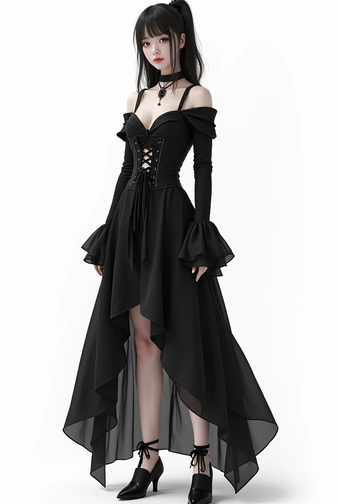 Super slender + white super fine skin + Japanese beauty.mid-10s,asymmetrical black dress, off-shoulder design with one strap, long sleeves, corset-style lace-up waist, black and white plaid skirt, handkerchief hem, gothic-inspired style, elegant and modern...