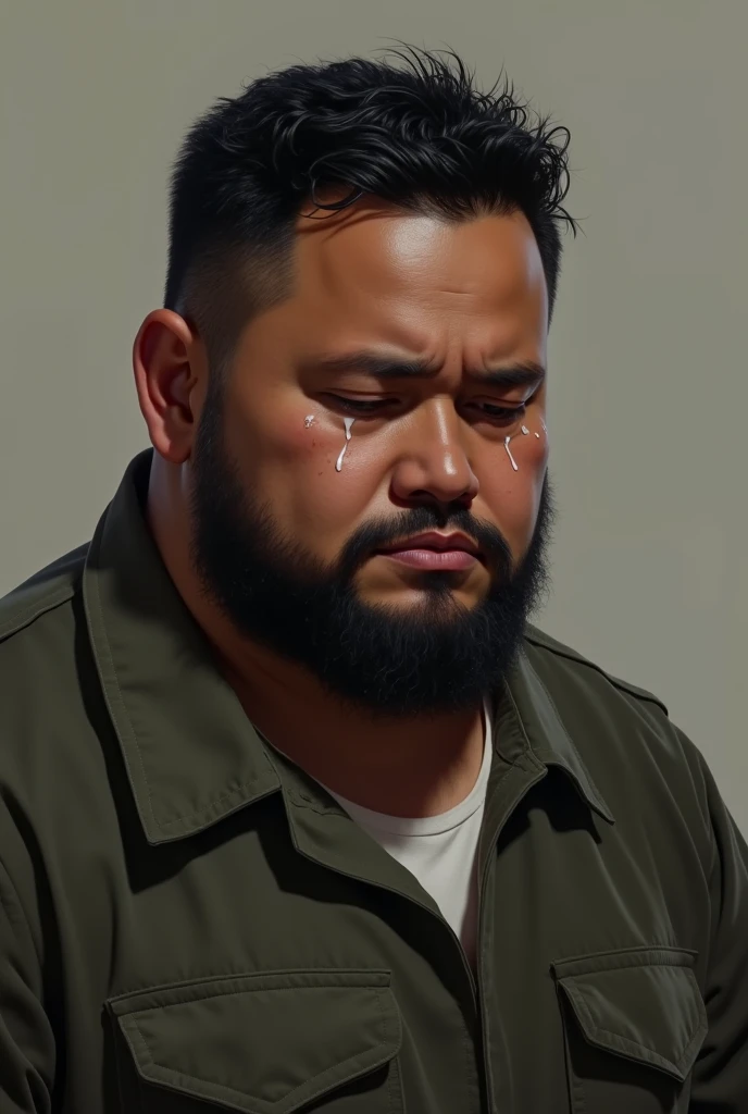 Filipino fat guy. Age 28. His eyes normal size. brown skin. Have beard on his face. Wearing jacket. Sad facial reaction with tears