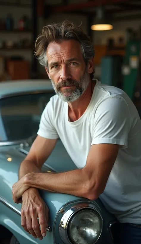 A middle-aged man with brown hair and beard flecked with gray, dressed in a white T-shirt and jeans, is in an auto repair shop, leaning on the hood of a classic Opal car. He looks directly into the camera with a nostalgic gaze, conveying a deep feeling of ...