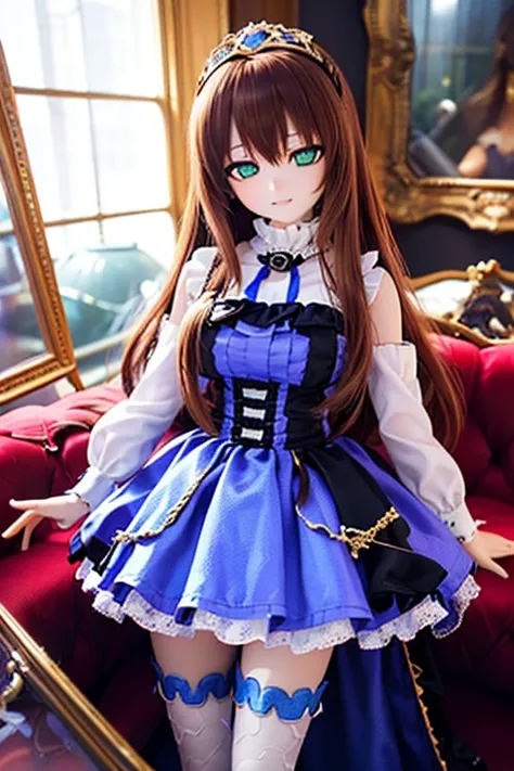 (SFW:2), photorealistic, realistic photo, 8k, Canon EOS, ((highest quality)), ((masterpiece)), (extremely detailed), dd, doll, idol dress, (mature woman, 19yo, 19 years old, solo, museum:1.6), (from front, reclining on sofa, tiara, brown hair, long hair, i...