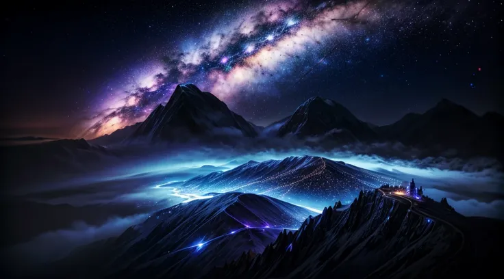 Hills and Milky Way: A single hill is engulfed in darkness, the sky is a brilliant galaxy with blue and purple lights standing out against the night sky.