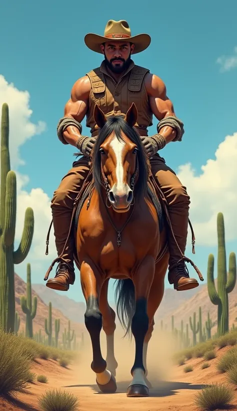 " A hybrid creature representing the The culture of the Northeastern hinterland,  combining a traditional cowboy with a horse in a single being .  The upper part of the body is that of a cowboy ,  wearing the typical brown leather costume with a hat , Gibb...