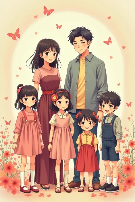 Asian couple with four ren 2 older daughters and 2 sons in anime style