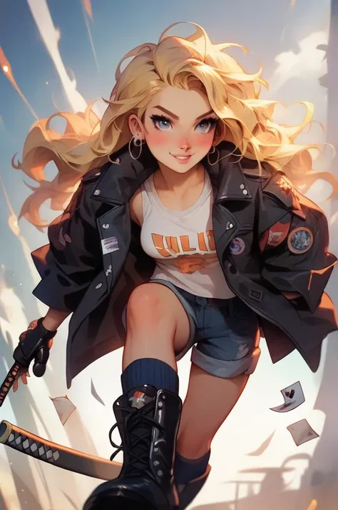 Card illustration, High quality, high details, perfect anatomy, solo, young blonde woman, loose hair, white short tshirt, black jacket on the outside and orange on the inside, blue miniskirt, black knee high socks, black boots, black mittens, in her right ...