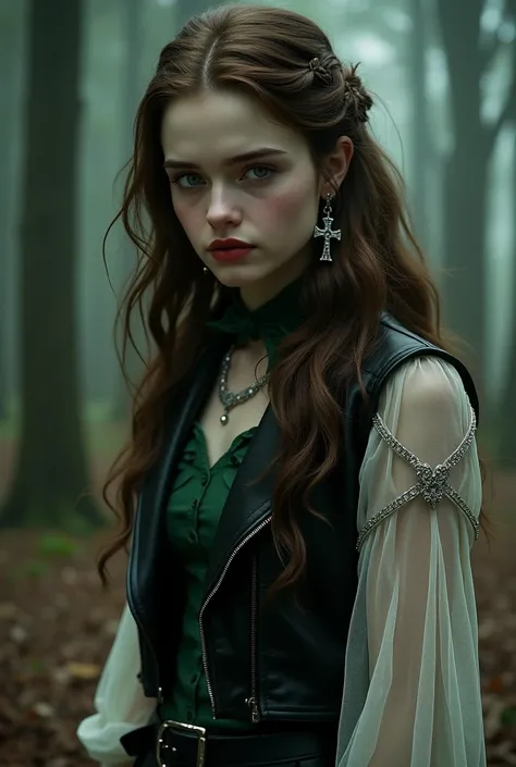 Kristen Stewart bella swan young long hair Brown waby  eyes blue,  leather with Green   
T-shirt Green with crossed ribbons, Green transparent open White long sleeves with white cuff with rhinestones and high leather musketeer boots with stiletto heel skir...