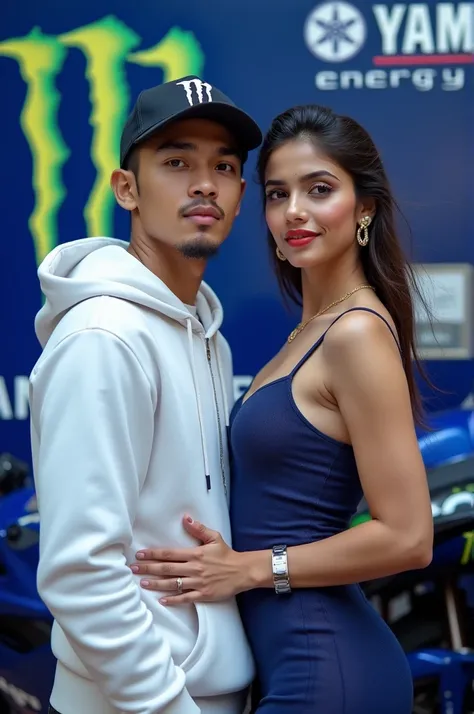 Indonesian man 25 years old wearing basketball cap and white Hoodie jacket standing with beautiful woman beautiful woman artist Kajol Devgan wearing sexy dress next to Yamaha motogp livery monster energy blue