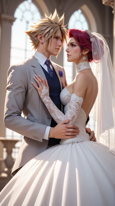 cloud strife and Jessie Rasberry from Final Fantasy 7, wedding dress, long sleeve, turtleneck, waltz