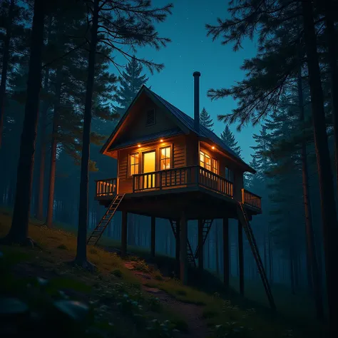 A captivating cinematic image of a cozy, wooden house nestled in the canopy of a dense forest. The house is illuminated by warm, golden light, casting a comforting glow over the surroundings. A sturdy rope ladder is visible, leading down from the house to ...