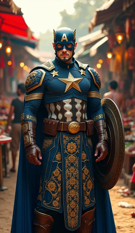 Fi Sabi Lillah Lillah  Likay costume, intricate embroidery, in blue and gold, worn by Captain America with his signature shield and mask, performing in a lively Thai market. The camera captures a medium shot with vibrant stalls and warm light highlighting ...