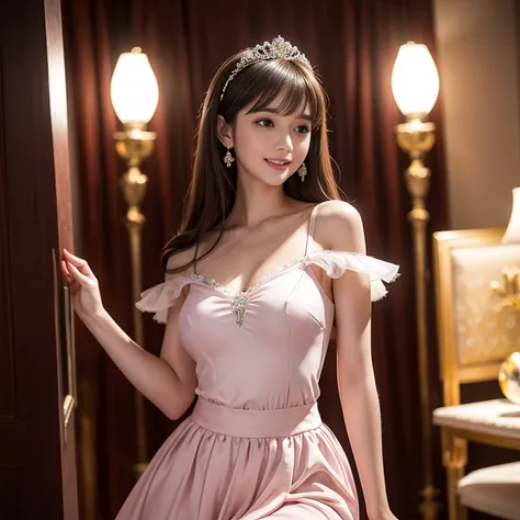 laughing out loud，Princess wearing ，princess dress， skirts to show off showy radiance，knee shot,  background is at prom，1 female, light brown hair, blunt bangs, hair behind ears, Shoulder length hair, long hair, Slender body shape, 超face slimming型, face sl...