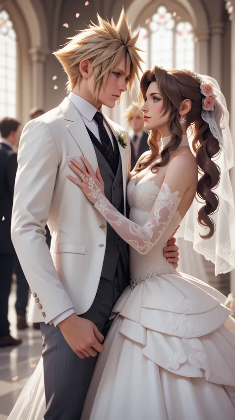 cloud strife and Aerith Gainsborough from Final Fantasy 7, wedding dress, long sleeve, turtleneck, waltz