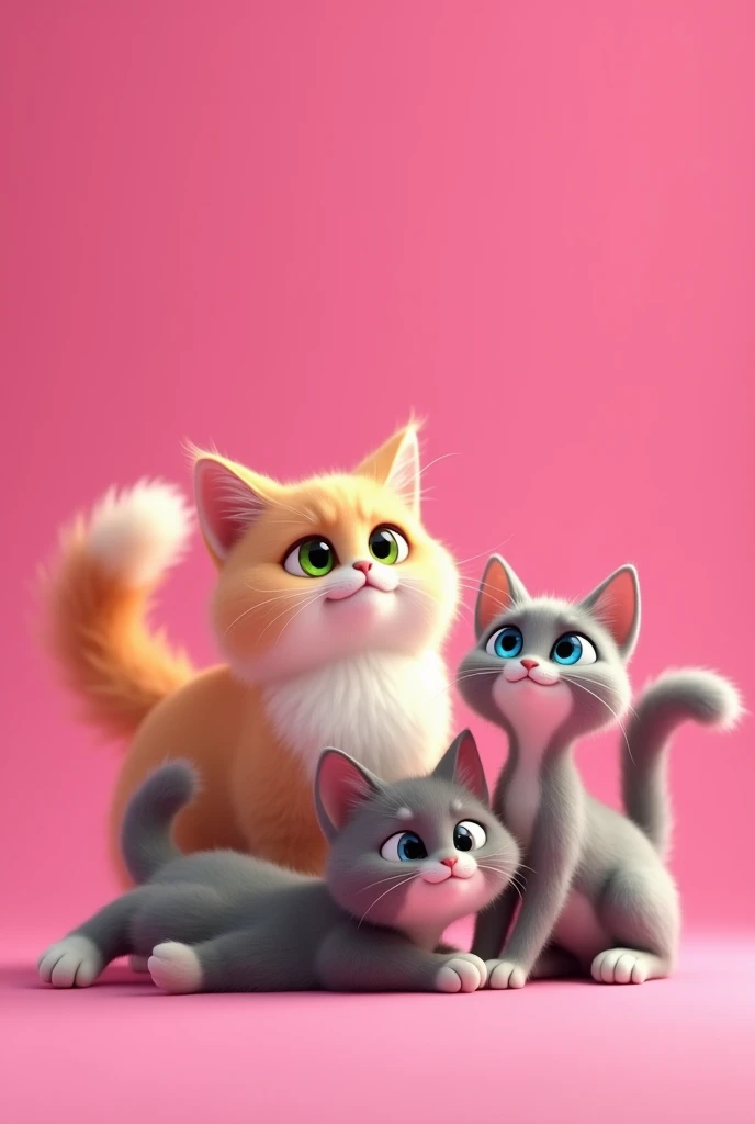  Image with a pink background and 4 animated cats . Description of cats:  a fat black Himalayan cat with green eyes ,  a white Angora cat with a gray tail ,  this cat has a light blue eye and a green eye .  The next cat is a gray Russian blue ,  with sligh...