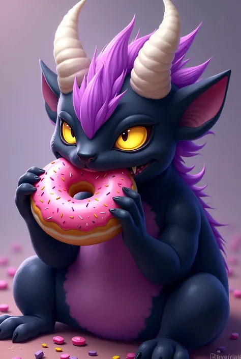 Half-purple, half-black  with a black face, yellow hat and white horns eating an anime-style donut