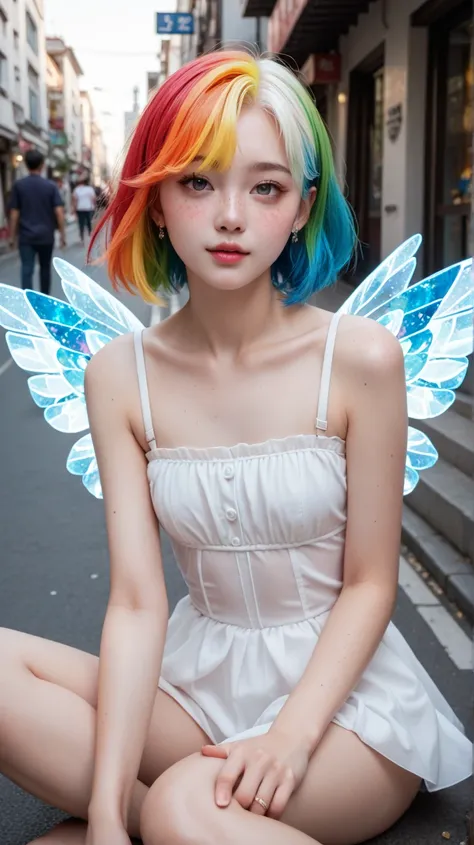 A Korean girl sitting on the street,  short rainbow-colored hair, very pretty,  extremely small breasts,  very small and thin body, slightly marked bones , Small angelic face, She is very thin and small, very fine features and white skin , 8k super detaile...