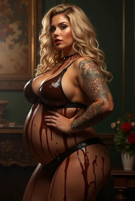 Tall blonde curly hair . Thick fat chubby bbw curvy sexy. Large full lips large breast thick thighs seductive leather lingerie. Tattoos curvy thick. Weat hair wet skin seductively bitting lips covered in chocolate dripping 