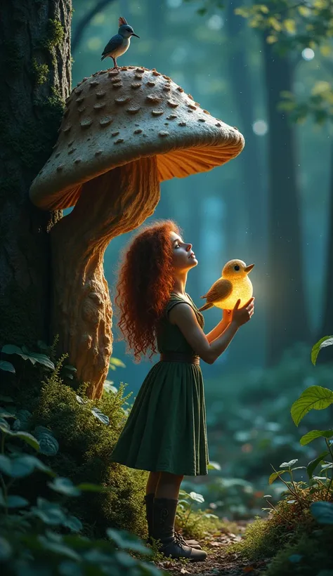 " a realistic photo of An Enchanted Forest with Soft Lights . A teenage elf,  with curly red hair ,  is standing next to an ancient wood-textured mushroom , naturally sculpted .  She holds a small bioluminescent bird while looking up at the starry sky with...