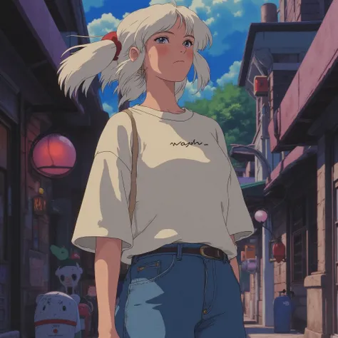 A young woman stands in a peaceful, moonlit alley, her white hair flowing gently in the breeze, bathed in the soft glow of nearby streetlights. She wears a loose, oversized t-shirt with a minimalist "Nada" design, its simplicity adding a touch of mystery t...